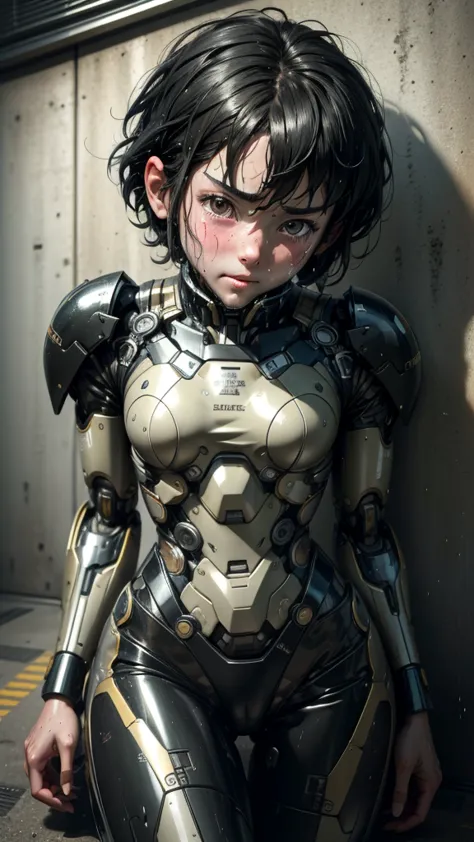 highest quality　8k mechanical suit girl　elementary school girl　sweaty face　cute　boyish short hair　steam coming out of my head　my...