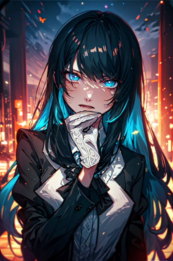 Beautiful hands, Beautiful dresasterpiece, (best quality:1.2), intricate details, ado, 1girl, multicolored hair, long hair, collared shirt, jacket, bangs, long sleeves, blue flower, (mature female:1.2), Ado, (dark blue hair, light blue inner), extra long hair, straight hair, blue eyes, slanted eyes, white inner shirt, (long black jacket, long black pants),  (masterpiece, best quality:1.2), intricate details, ado, 1girl, multicolored hair, long hair, collared shirt, bangs, long sleeves, blue flower, (mature female:1.2), Stars and comets pass by in the open sky, Beautiful Clouds, A tree with glowing fireflies and butterflies々, (Ultra-realistic), {Highly detailed CG unit 8k wallpaper}, Vast landscape photography, (View from below with a panoramic view of the sky, vast open field vision), (Low angle shot), (Light: 1.5), (warm Light source: 1.2), Intricate details, (Rainbow colors: 1.2), (bright Lighting), (atimospheric Lighting), dream-like, Magic, fairy tale