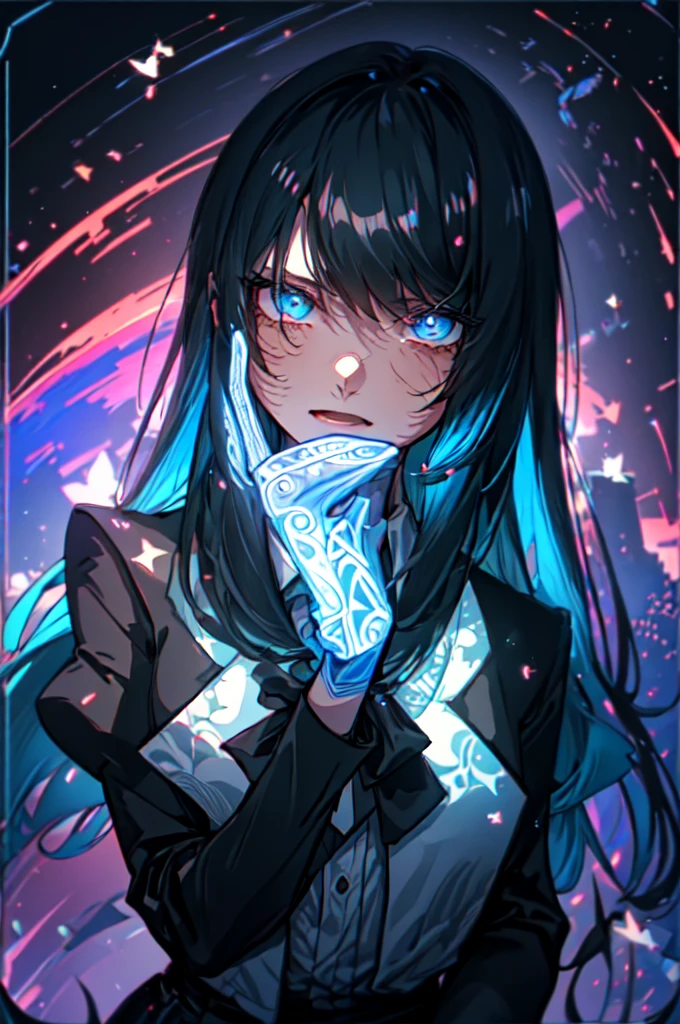 Beautiful hands, Beautiful dresasterpiece, (best quality:1.2), intricate details, ado, 1girl, multicolored hair, long hair, collared shirt, jacket, bangs, long sleeves, blue flower, (mature female:1.2), Ado, (dark blue hair, light blue inner), extra long hair, straight hair, blue eyes, slanted eyes, white inner shirt, (long black jacket, long black pants),  (masterpiece, best quality:1.2), intricate details, ado, 1girl, multicolored hair, long hair, collared shirt, bangs, long sleeves, blue flower, (mature female:1.2), Stars and comets pass by in the open sky, Beautiful Clouds, A tree with glowing fireflies and butterflies々, (Ultra-realistic), {Highly detailed CG unit 8k wallpaper}, Vast landscape photography, (View from below with a panoramic view of the sky, vast open field vision), (Low angle shot), (Light: 1.5), (warm Light source: 1.2), Intricate details, (Rainbow colors: 1.2), (bright Lighting), (atimospheric Lighting), dream-like, Magic, fairy tale