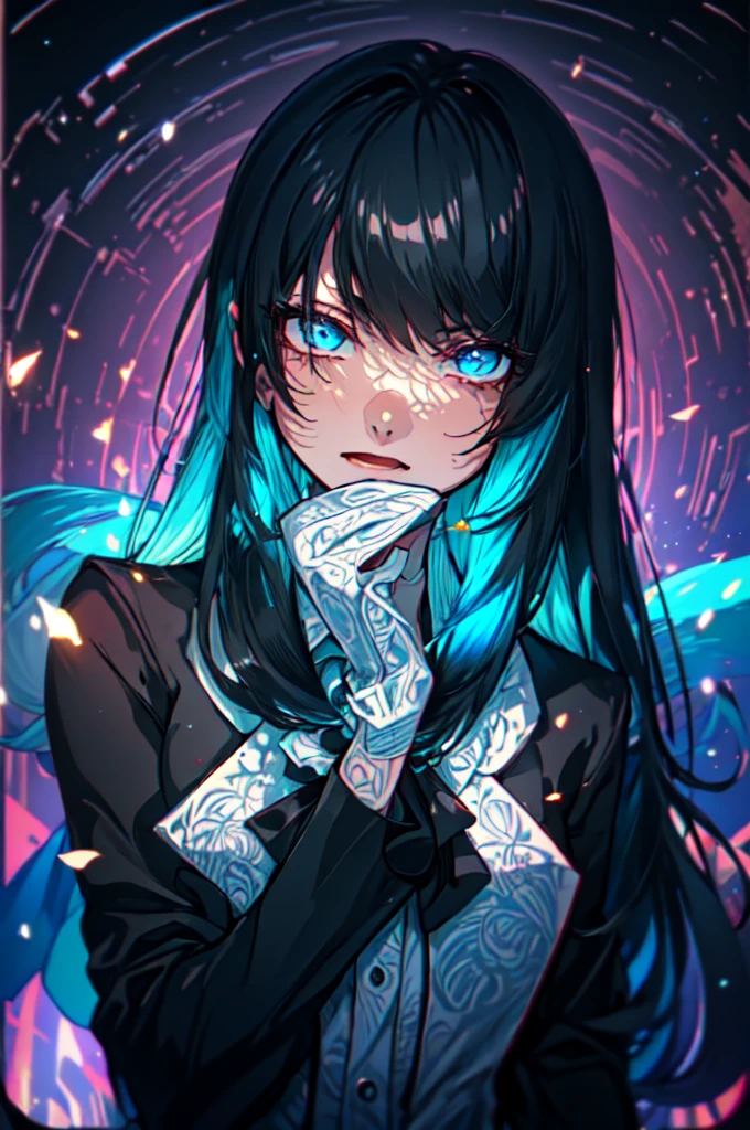 Beautiful hands, Beautiful dresasterpiece, (best quality:1.2), intricate details, ado, 1girl, multicolored hair, long hair, collared shirt, jacket, bangs, long sleeves, blue flower, (mature female:1.2), Ado, (dark blue hair, light blue inner), extra long hair, straight hair, blue eyes, slanted eyes, white inner shirt, (long black jacket, long black pants),  (masterpiece, best quality:1.2), intricate details, ado, 1girl, multicolored hair, long hair, collared shirt, bangs, long sleeves, blue flower, (mature female:1.2), Stars and comets pass by in the open sky, Beautiful Clouds, A tree with glowing fireflies and butterflies々, (Ultra-realistic), {Highly detailed CG unit 8k wallpaper}, Vast landscape photography, (View from below with a panoramic view of the sky, vast open field vision), (Low angle shot), (Light: 1.5), (warm Light source: 1.2), Intricate details, (Rainbow colors: 1.2), (bright Lighting), (atimospheric Lighting), dream-like, Magic, fairy tale