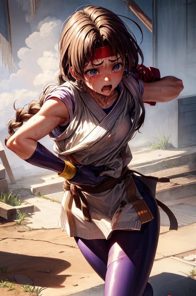 (masterpiece, best quality, high resolution, unity 8k wallpaper, extremely detailed CG:1), (illustration:1.0), 1girl,solo, yurims, headband, dougi, spandex, gloves,Face full of scars、Skin shiny with sweat、 injured scared girl、 crying wet bursting out eyes, real tears streaming down face, ultra-detailed eyes,bandaid on face,covered with mud,expression of despair,Illumination that emphasizes shiny sweat{{{Spread }}},(crotch rope walking:1.0)