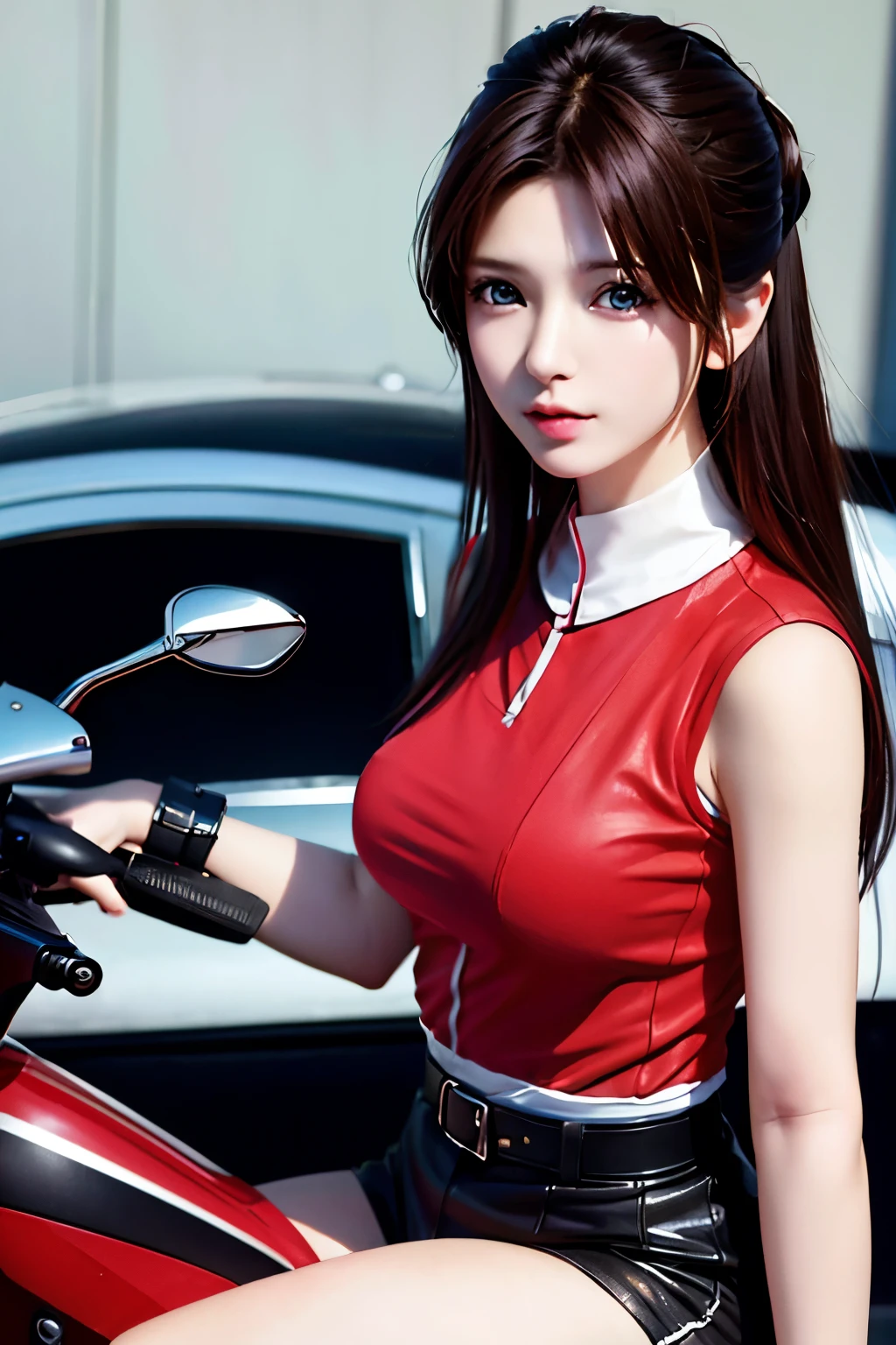 Japan  riding motorcycle,Happy!!!, , motorcycle,[ Realistic pictures ]!!, High resolution,Sleeveless、白いパンティが見えているarafed woman in red shirt sitting on a black motorcycle, Cyclists, motorcycle, Realistic artstyle, Super detailed. Digital Painting, Sitting on a cyberpunk bike, Digital illustration style, Airbrush Rendering, Realistic!!!!!!! Art Style, motorcycles, style Digital Painting, Airbrush Digital Oil Painting, in style of Digital Painting, Close-up shot, Realistic picture