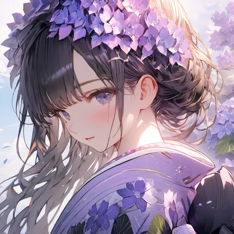 Hydrangeas, a beautiful girl, beautiful sky, detailed details, a large sky, a full-body image, detailed colors, dynamic angles, ...