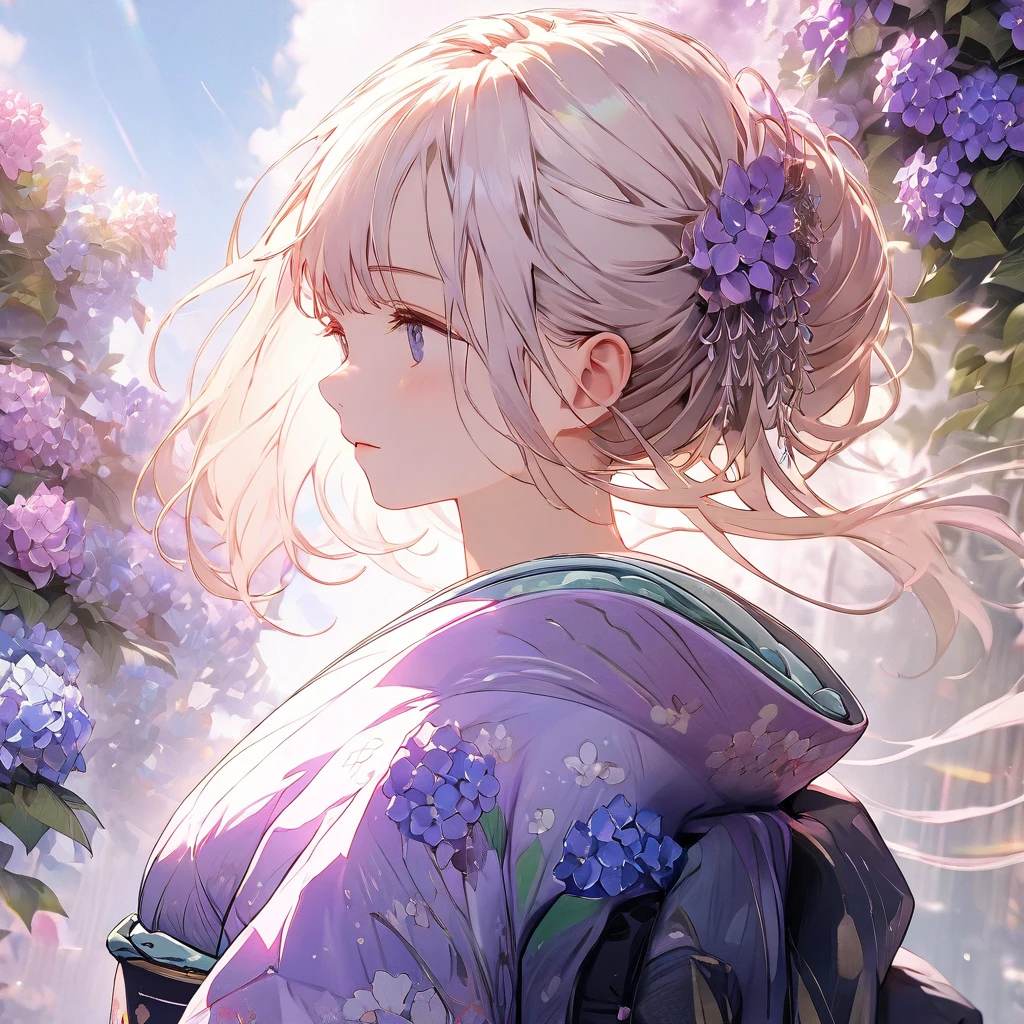 Hydrangeas, a beautiful girl, beautiful sky, detailed details, a large sky, a full-body image, detailed colors, dynamic angles, a beautiful Japanese kimono, BREAK ,quality\(8k,wallpaper of extremely detailed CG unit, ​masterpiece,hight resolution,top-quality,top-quality real texture skin,hyper realisitic,increase the resolution,RAW photos,best qualtiy,highly detailed,the wallpaper,cinematic lighting,ray trace,golden ratio\),

