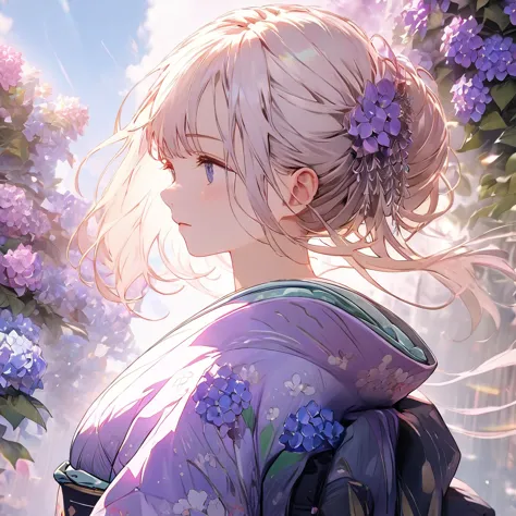 Hydrangeas, a beautiful girl, beautiful sky, detailed details, a large sky, a full-body image, detailed colors, dynamic angles, ...