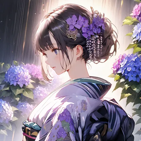 Hydrangeas, a beautiful girl, beautiful sky, detailed details, a large sky, a full-body image, detailed colors, dynamic angles, ...