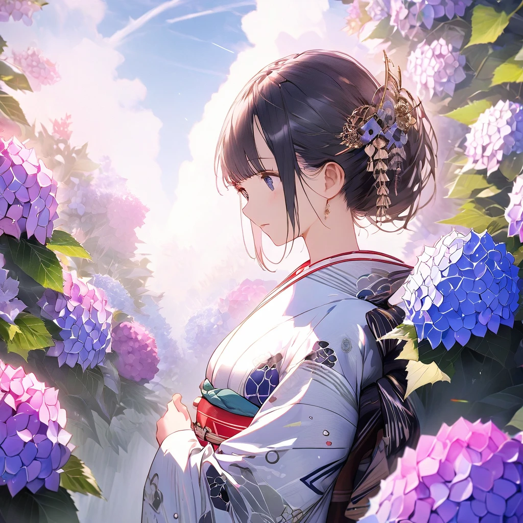 (Hydrangeas:1.5), a beautiful girl, beautiful sky, detailed details, a large sky, a full-body image, detailed colors, dynamic angles, a beautiful Japanese kimono, BREAK ,quality\(8k,wallpaper of extremely detailed CG unit, ​masterpiece,hight resolution,top-quality,top-quality real texture skin,hyper realisitic,increase the resolution,RAW photos,best qualtiy,highly detailed,the wallpaper,cinematic lighting,ray trace,golden ratio\),
