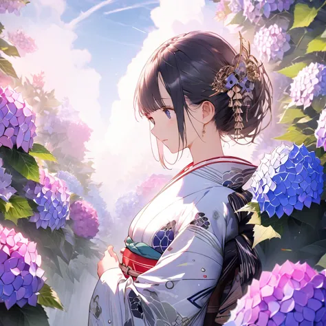 (Hydrangeas:1.5), a beautiful girl, beautiful sky, detailed details, a large sky, a full-body image, detailed colors, dynamic an...