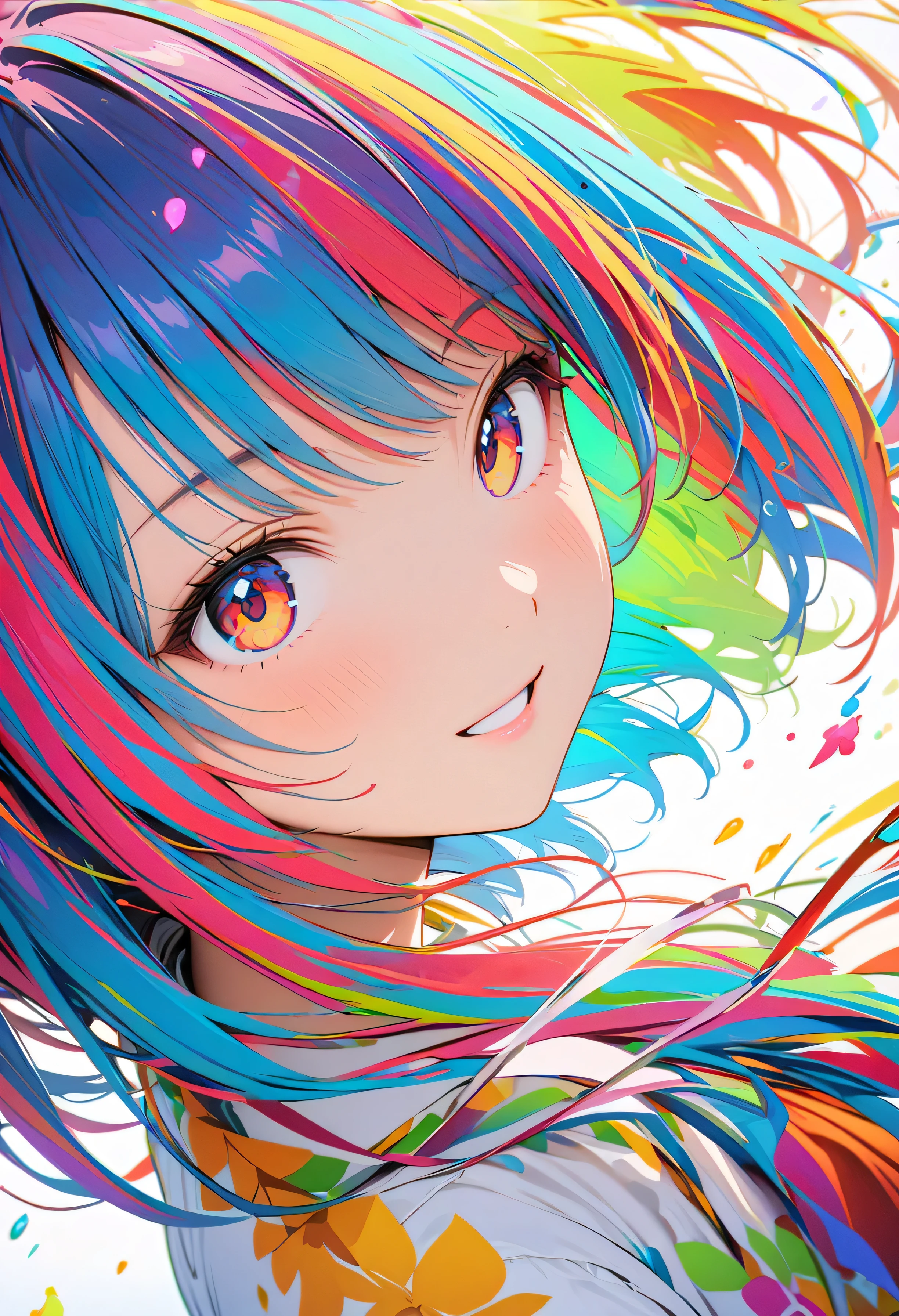 (masterpiece, Highest quality, Official Art:1.2), (colorful), Perfect Anatomy, Looking at the audience,One Girl, alone, White Background, floating colorful water, Ultra-fine illustrations, Highly Details, Dynamic Angle, Beautiful detailed, 8K, 壊す smiling amidst the colorful scenes, (High resolution), Anime Style, Dynamic Angle