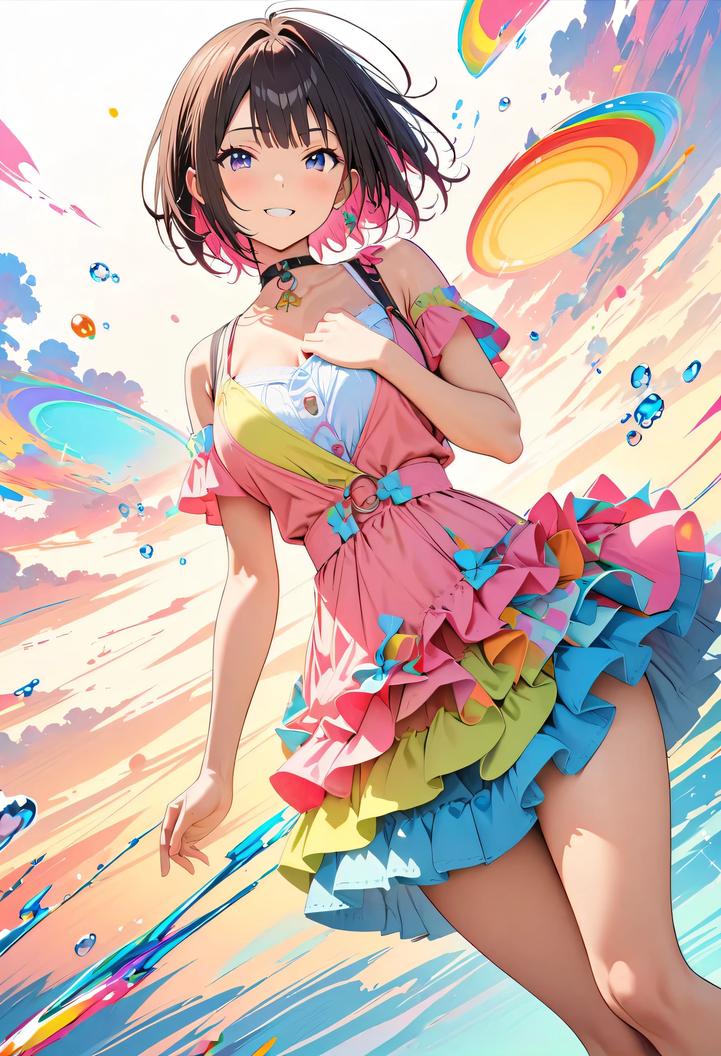 (masterpiece, Highest quality, Official Art:1.2), (colorful), Perfect Anatomy, Looking at the audience,One Girl, alone, White Background, floating colorful water, Ultra-fine illustrations, Highly Details, Dynamic Angle, Beautiful detailed, 8K, 壊す smiling amidst the colorful scenes, (High resolution), Anime Style, Dynamic Angle