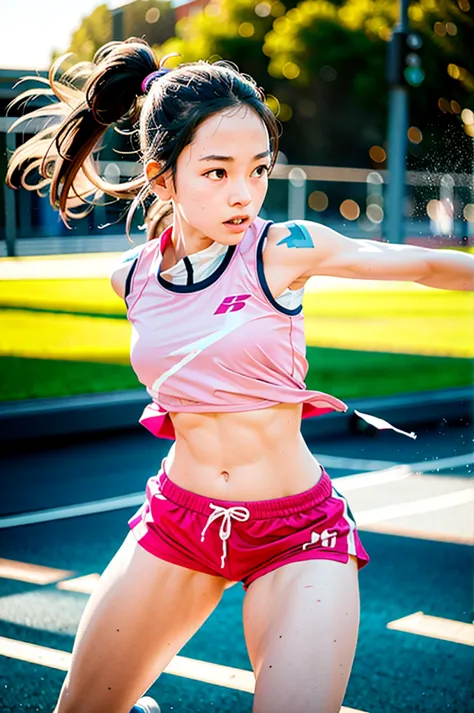 1 girl, solo, running, gray track top, pink shorts, ponytail, athletic build, dynamic brushstrokes, fluid movement, capturing th...