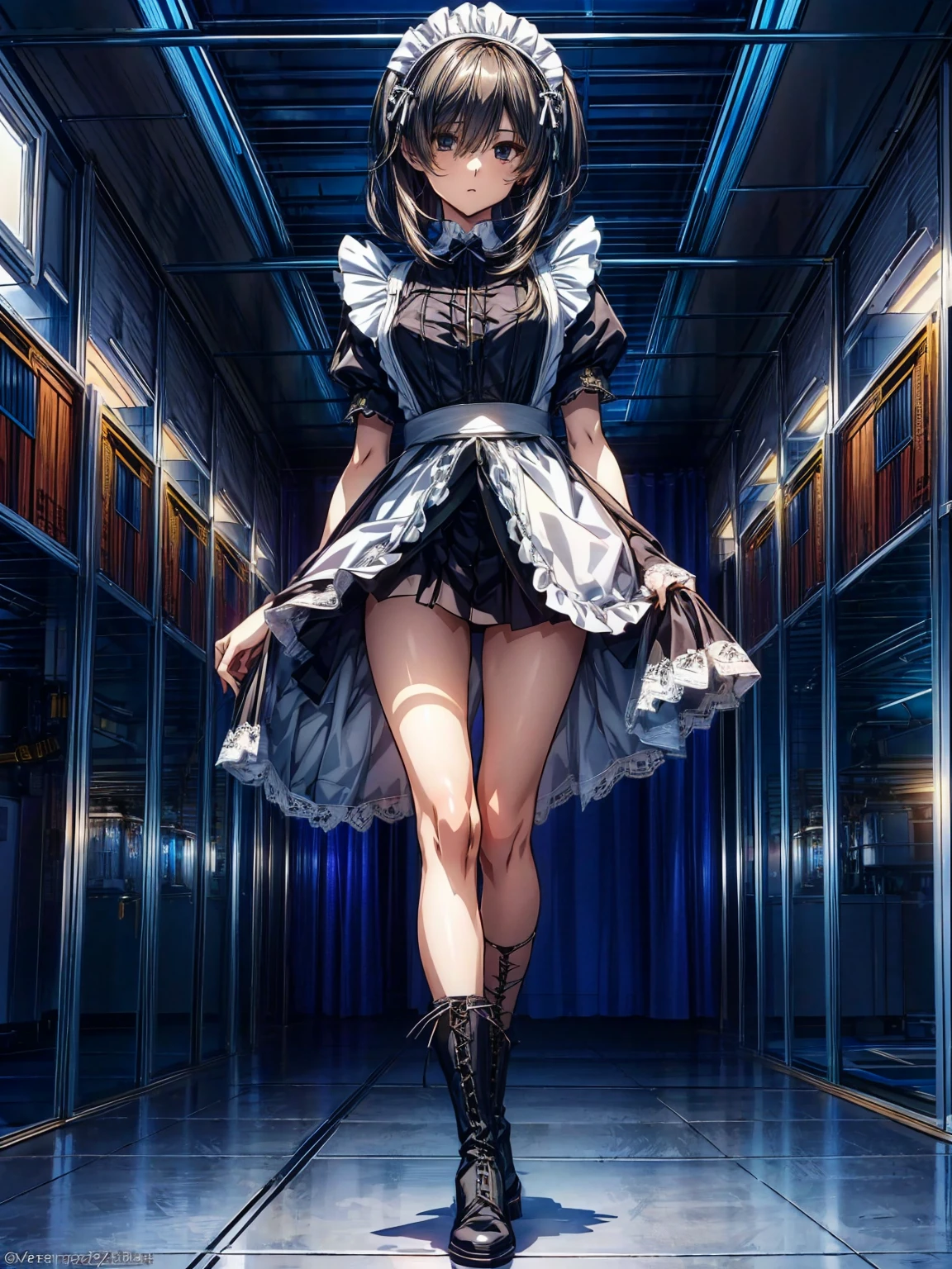 (Perfect Anatomy:1.2, Highest quality),(Maid leotard details:1.6),One Girl,alone,Long Hair:1.5, (Short sleeve, Thighs,Maid Cufflinks),,Hypno Lola, Hollow Eyes,(High heel lace-up boots:1.4), (Without skirt:3.0),Dark aura,Leotrad,,love for viewers,Look down,(at a research facility:1.8)
