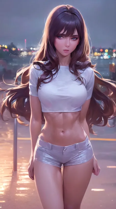 ((realistic lighting, best quality, 8k, masterpiece: 1.3)), clear focus: 1.2, 1girl, perfect figure: 1.4, slim abs: 1.1, ((dark ...