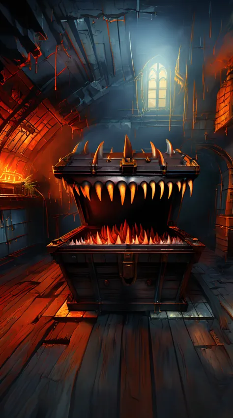 A detailed steampunk-inspired illustration of a creature imitating a ((open iron chest well-formed maw, sharp teeth, long tongue...