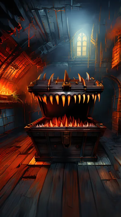 a detailed steampunk-inspired illustration of a creature imitating a ((open iron chest well-formed maw, sharp teeth, long tongue...