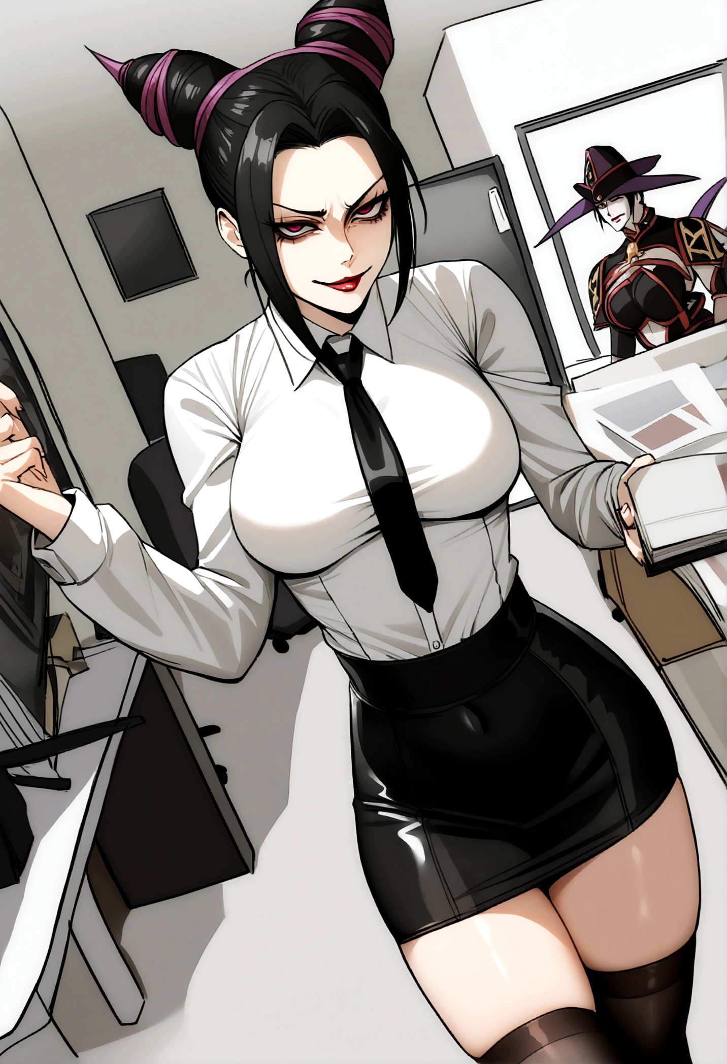 juri han, work of art, tight white secretary shirt with black tie, black high waist skirt, short skirt,stocking, black hair, black tights,evil smile,office,franja nos olhos,iluminação,chifre de cabelos,visão de cima,olhando para cima
