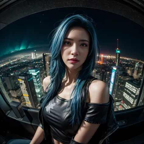 (masterpiece), best quality, ultra high res,, cyberpunk 1girl flying above stunning cityscape ,hoodie,blue hair,  neon color sho...