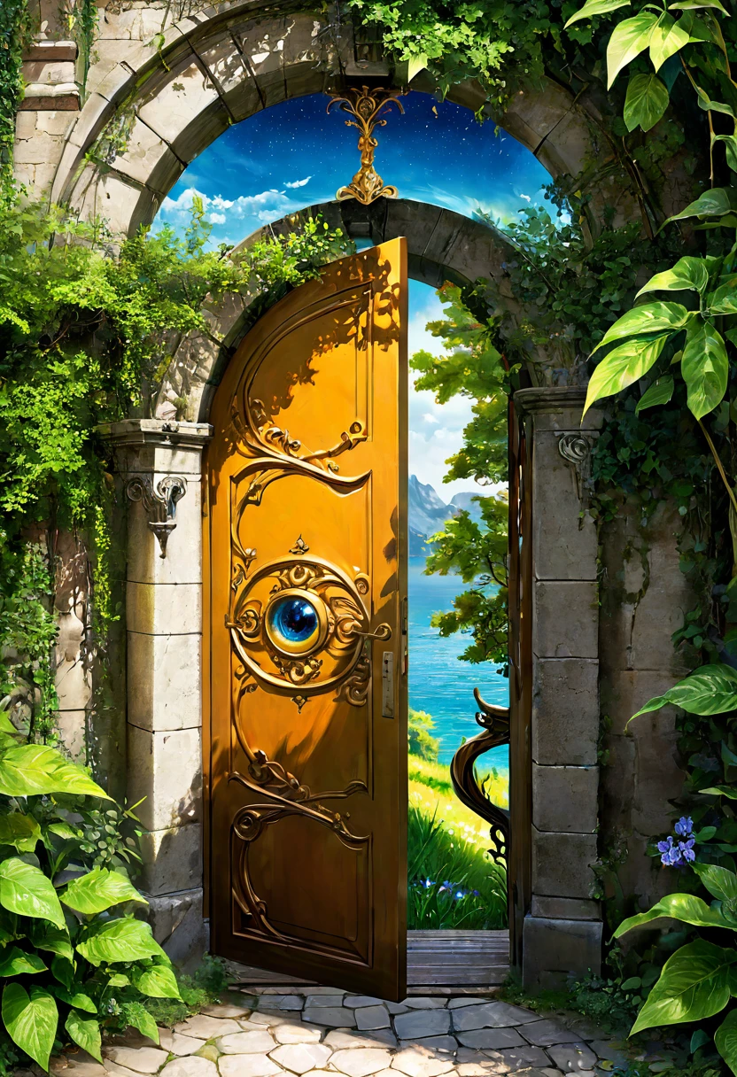 Une œuvre d'art de porte magnifiquement conçue, mettant en valeur une porte au design complexe qui sert de passerelle vers un autre monde. La porte est ornée de sculptures détaillées et de symboles mystiques, faisant allusion aux secrets et aux aventures qui se trouvent au-delà. Des couleurs vives et des textures riches apportent le porte à la vie, ce qui en fait un point focal de curiosité et d'émerveillement. Autour de la porte, des éléments de nature et de fantaisie se mélangent harmonieusement, créant un environnement enchanteur et invitant.