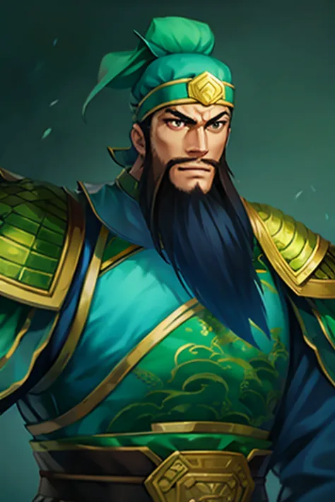 guanyu, beard, hat ,blue armorl, shoulder armor, chinese clothes, green dragon crescent blade