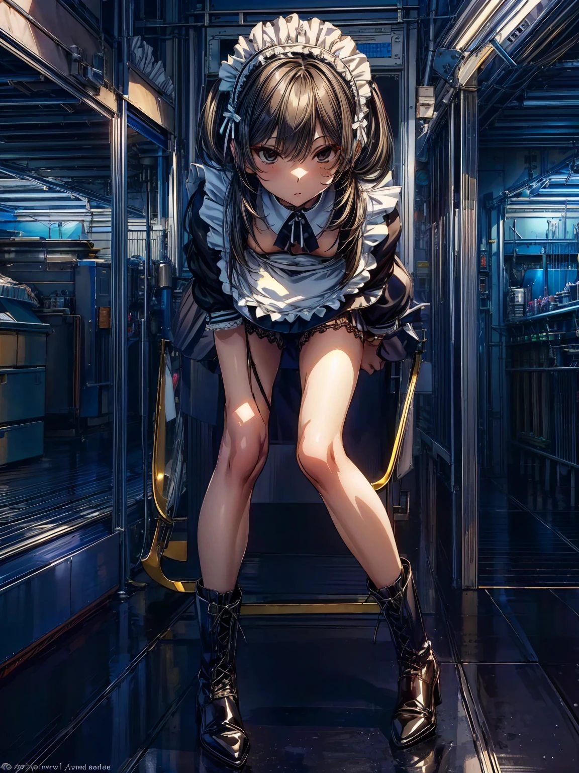 (Perfect Anatomy:1.2, Highest quality),(Maid leotard details:2.0),One Girl,alone,Long Hair:1.5, (Short sleeve, Thighs,Maid Cufflinks),,Hypno Lola, Hollow Eyes,(High heel lace-up boots:1.4), (Without skirt:3.0),Dark aura,Leotrad,,love for viewers,Look down,(at a research facility:1.8)