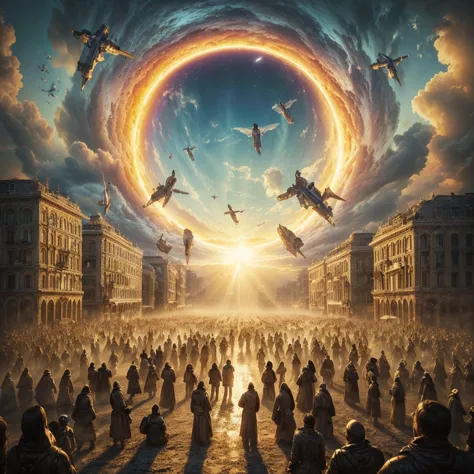 people being sucked into a vortex or portal. photorealism, full view, highly detailed image, very realistic, hyperrealism, ultra...