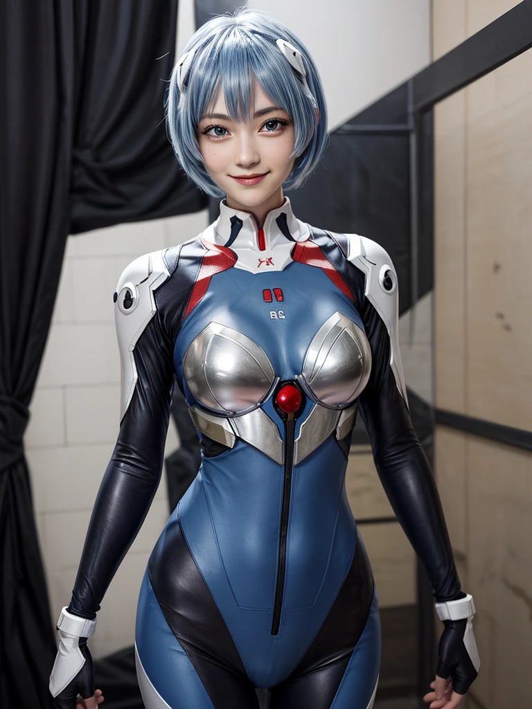 Masterpiece, highest quality, 8K, detailed skin texture, fine cloth texture, beautiful detailed face, intricate details, super detailed, portrait of Rei Ayanami, blue hair, red eyes, looking far away, no background, Evangelion Wearing a plug suit when riding, plug suit, whole body visible, standing, arms crossed, 15 years old, beautiful, cute, great style, smiling,composition that shows the whole body,