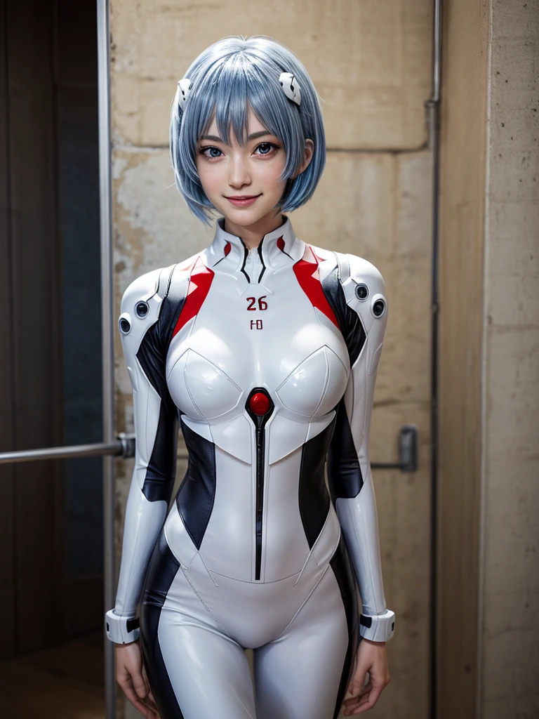 Masterpiece, highest quality, 8K, detailed skin texture, fine cloth texture, beautiful detailed face, intricate details, super detailed, portrait of Rei Ayanami, blue hair, red eyes, looking far away, no background, Evangelion Wearing a plug suit when riding, plug suit, whole body visible, standing, arms crossed, 15 years old, beautiful, cute, great style, smiling,composition that shows the whole body,