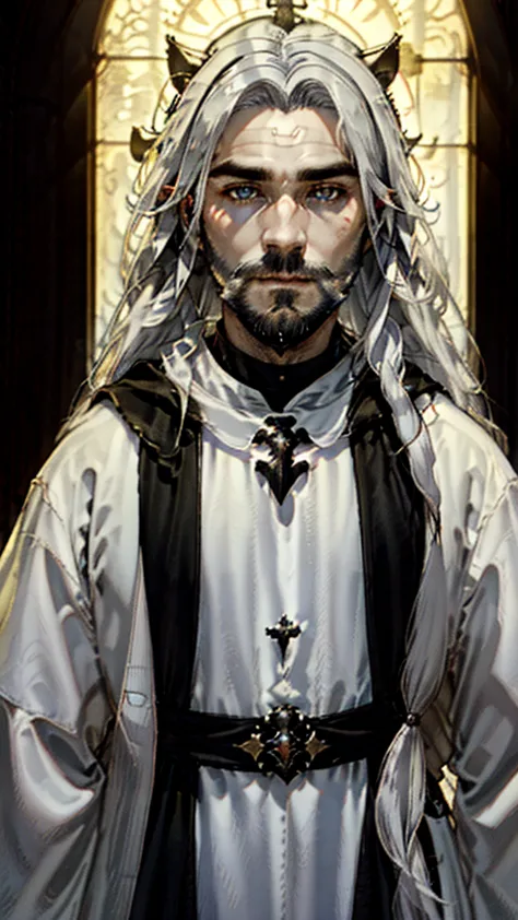 Priest catholique dark face scretch satanique, transparent eyes rolled back, semi-long hair, beard, dress that covers hair, eat ...