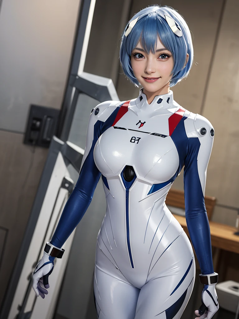 Masterpiece, highest quality, 8K, detailed skin texture, fine cloth texture, beautiful detailed face, intricate details, super detailed, portrait of Rei Ayanami, blue hair, red eyes, looking far away, no background, Evangelion Wearing a plug suit when riding, plug suit, whole body visible, standing, arms crossed, 15 years old, beautiful, cute, great style, smiling,composition that shows the whole body,