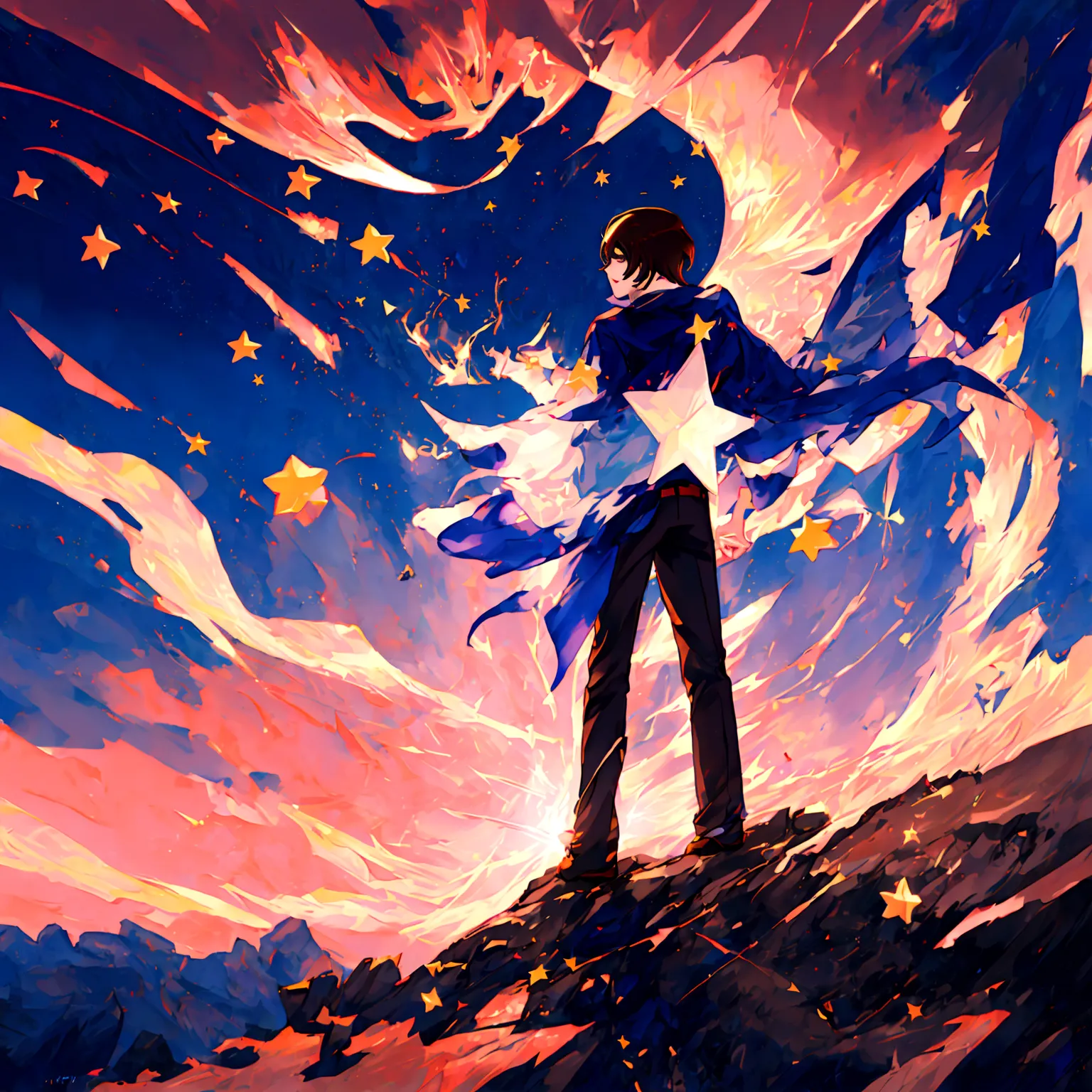 young man looking at the night sky, back view, anime style, brown hair, bright stars in the sky