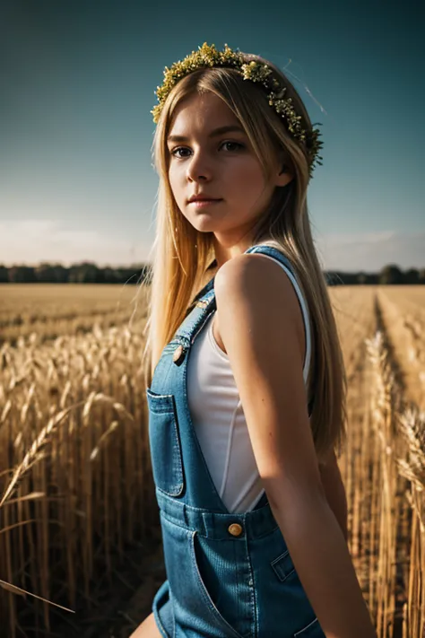 playful girl 12 years old, Blonde long hair, long bob ,(in denim overalls ) a wreath on his head walks through a wheat field  , ...