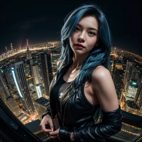 (masterpiece), best quality, ultra high res,, cyberpunk 1girl flying above stunning cityscape ,hoodie,blue hair,  neon color sho...