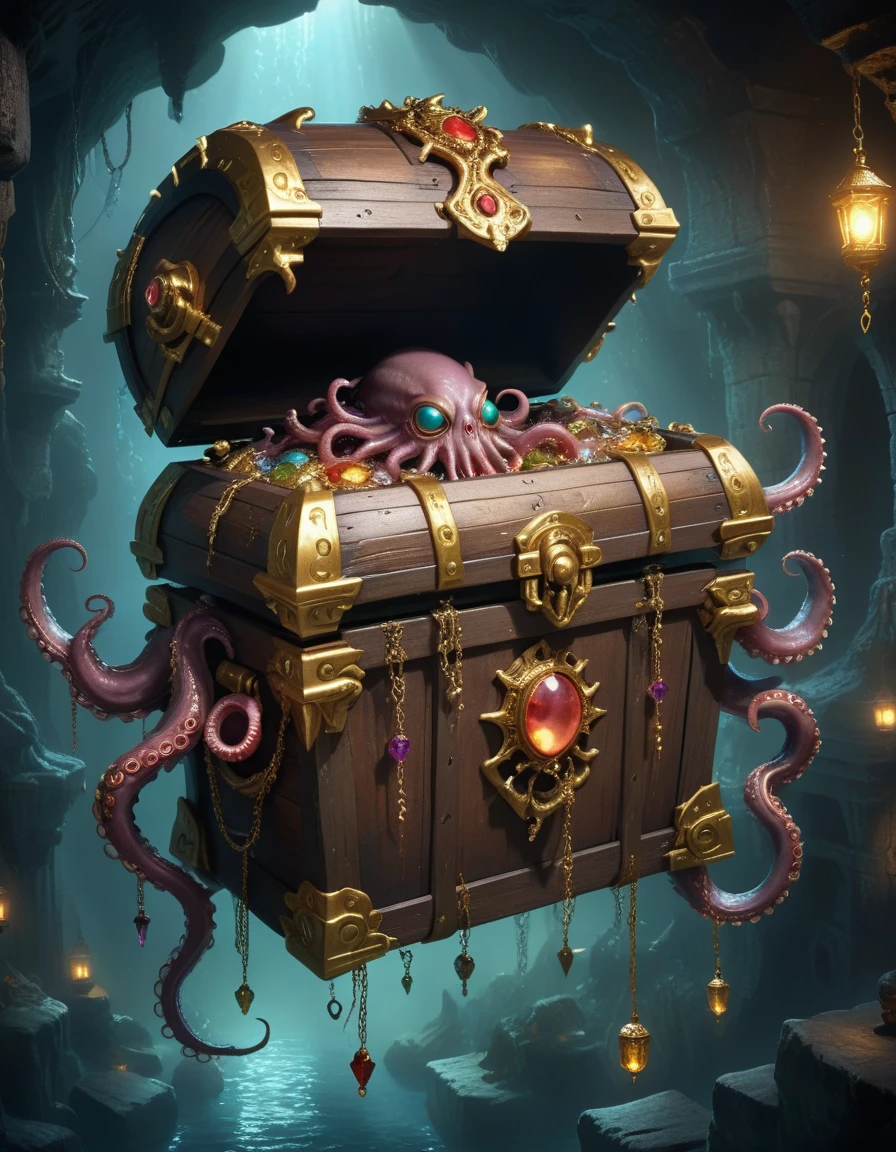 Dungeons，Floating in the air(Monster disguised as a treasure chest), Filled with jewels，1 eyes，One-Eye，Tongue，Tentacles， sharp claws and teeth, Very detailed, Complex design, Gorgeous gold embellishment, ,Ominous Presence, fantasy, Dark gloomy lights, Composition, Dramatic shadows, Rich colors, number, Concept Art, The award-winning，Luminescence example，Ray Tracing，Devout worshippers，