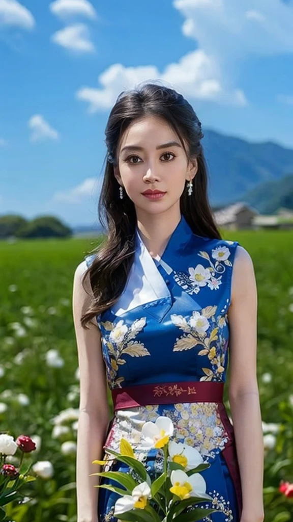 Arad woman in a floral dress standing in the field, gorgeous chinese models, Chinese girl, xintong chen, shaxi, xue han, dilraba dilmurat, full-body xianxia, wenfei ye, beautiful Korean women, With long hair, gongbi, Chinese woman, lei min, Lu Ji, She has a cute face，with blue sky and white clouds