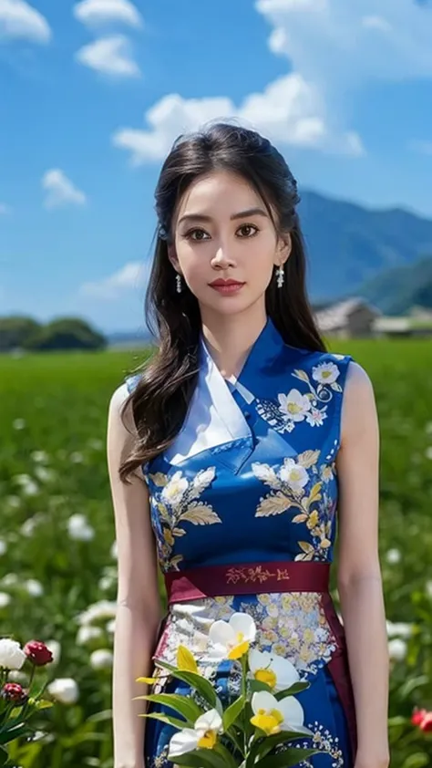 Arad woman in a floral dress standing in the field, gorgeous chinese models, Chinese girl, xintong chen, shaxi, xue han, dilraba...
