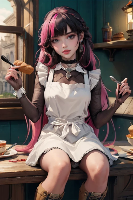 1 girl, a girl with bat wings, holding a pastry brush, succubus, bakery, a cake on focus, cake with strawberrys and red roses, bat choker, necklace, centered, bat jewelry, medieval castle scenery, Pink bat Jewelry, smile, vampire fangs, (looking at viewer), Draculaura_MH, wavy hair, Alone, half black hair, half pink hair, multicolored hair, long hair, braided hair, gothic scenery, medieval style, maid dress, white apron, maid apron, maid headdress, white skirt, pink knee boots, smiling, in kitchen, kitchen, black lanterns, stand up close to window, depth of field, film composition, ((high quality)), ((artwork)), (More details), maid dress, black maid headdress, black maid apron, bat wings, white dress, black dress with transparency, pink laces, pink gloves, black high socks , boots of high hills, bat jewel, jewel, sit on the grass, dark red roses in focus, Draculaura_(school of monsters), school of monsters, Looking at the viewer, More details on the clothes,