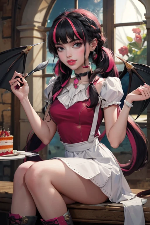 1 girl, a girl with bat wings, holding a pastry brush, succubus, bakery, a cake on focus, cake with strawberrys and red roses, bat choker, necklace, centered, bat jewelry, medieval castle scenery, Pink bat Jewelry, smile, vampire fangs, (looking at viewer), Draculaura_MH, wavy hair, Alone, half black hair, half pink hair, multicolored hair, long hair, braided hair, gothic scenery, medieval style, maid dress, white apron, maid apron, maid headdress, white skirt, pink knee boots, smiling, in kitchen, kitchen, black lanterns, stand up close to window, depth of field, film composition, ((high quality)), ((artwork)), (More details), maid dress, black maid headdress, black maid apron, bat wings, white dress, black dress with transparency, pink laces, pink gloves, black high socks , boots of high hills, bat jewel, jewel, sit on the grass, dark red roses in focus, Draculaura_(school of monsters), school of monsters, Looking at the viewer, More details on the clothes,