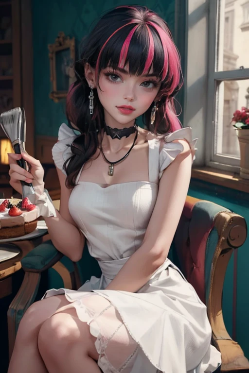 1 girl, a girl with bat wings, holding a pastry brush, succubus, bakery, a cake on focus, cake with strawberrys and red roses, bat choker, necklace, centered, bat jewelry, medieval castle scenery, Pink bat Jewelry, smile, vampire fangs, (looking at viewer), Draculaura_MH, wavy hair, Alone, half black hair, half pink hair, multicolored hair, long hair, braided hair, gothic scenery, medieval style, maid dress, white apron, maid apron, maid headdress, white skirt, pink knee boots, smiling, in kitchen, kitchen, black lanterns, stand up close to window, depth of field, film composition, ((high quality)), ((artwork)), (More details), maid dress, black maid headdress, black maid apron, bat wings, white dress, black dress with transparency, pink laces, pink gloves, black high socks , boots of high hills, bat jewel, jewel, sit on the grass, dark red roses in focus, Draculaura_(school of monsters), school of monsters, Looking at the viewer, More details on the clothes,