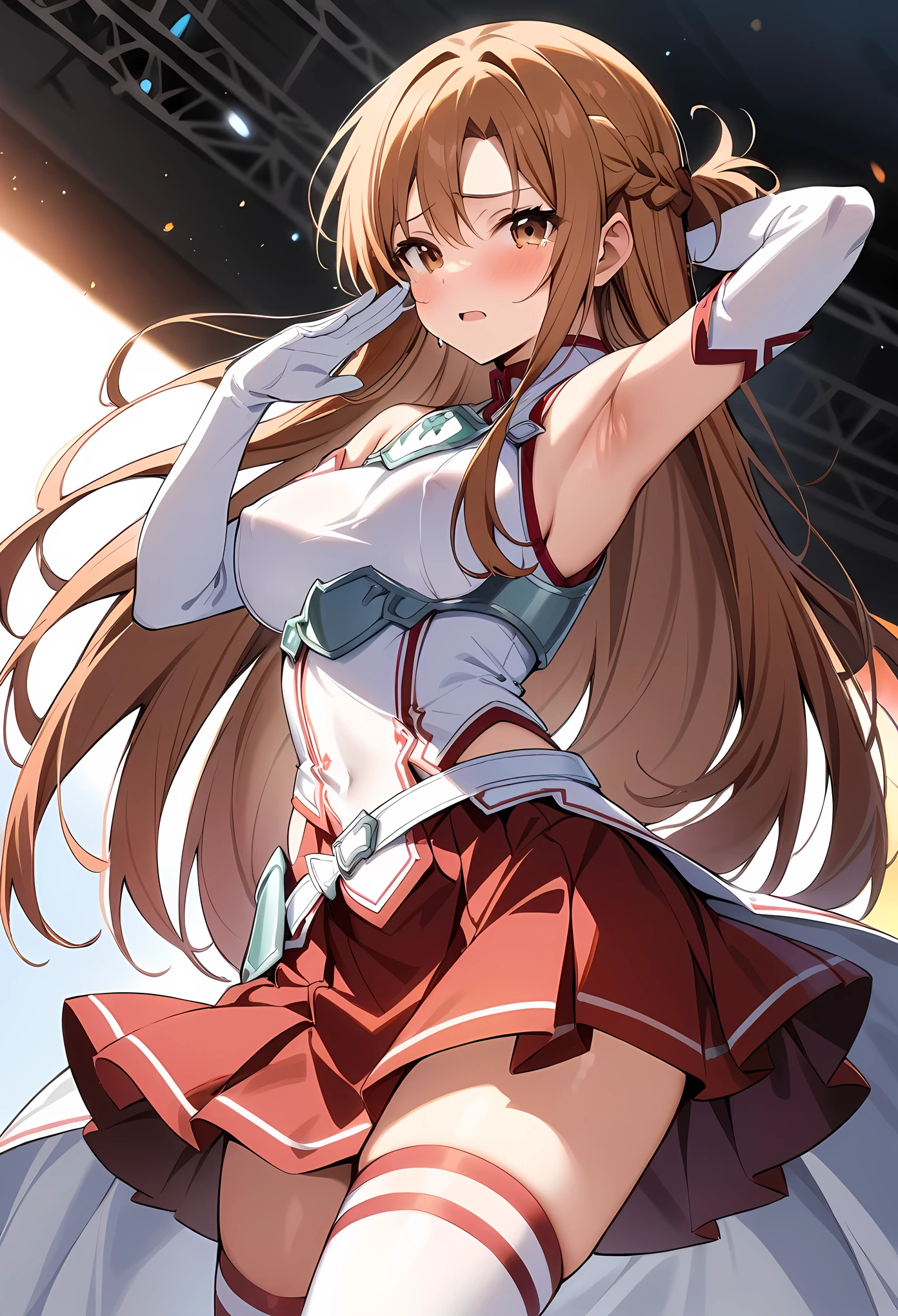 masterpiece, best quality, very aesthetic, absurdres, newest,1girl, (covered_nipples:1.2), sexually_suggestive, handjob_gesture ,blush,tears in eyes,embarrassed,,,asuna_(sao),sword_art_online,  armor, armored_dress, armpit_peek, armpits, bare_shoulders, belt, braid, breastplate, brown_eyes, brown_hair, detached_sleeves, dress, elbow_gloves, french_braid, gloves, long_hair, miniskirt, pleated_skirt, red_skirt, skirt, sleeveless, sleeveless_dress, thighhighs, very_long_hair, white_armor, white_belt, white_dress, white_sleeves, white_thighhighs, zettai_ryouiki,on stage