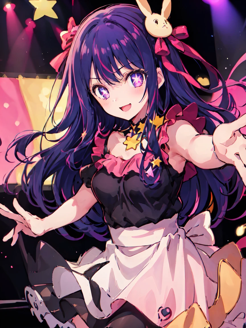 (1girl in,),Dancing,(((Ai Hoshino Dresses))),Six-pointed star in the eye,Microphone in right hand,((Colorful atmosphere)),Wink,(((cute-style))),((Saturated colors)),(Ai Hoshino),Big eyes,Eyes of Fantasy,Purple hair,Happy,Hair Accessories,((High quality)),Touching pink and black dresses,Anime Idol,