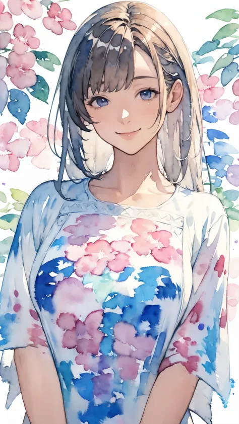 (masterpiece),(Highest quality:1.2),(Very detailed:1.2),(High resolution),(((Watercolor))),8K,Portrait of a woman smiling gently,Long, beautiful hair,Transparent watercolor,Summer image