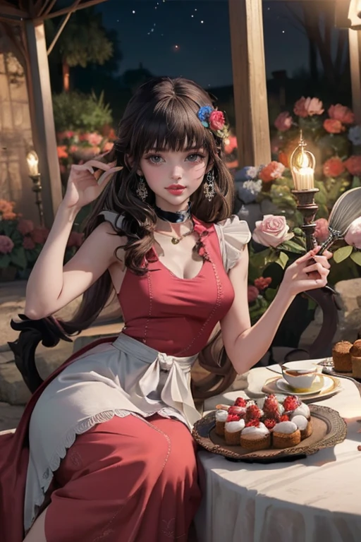 1 girl, a girl with bat wings, holding a pastry brush, succubus, bakery, a cake on focus, cake with strawberrys and red roses, bat choker, necklace, centered, bat jewelry, medieval castle scenery, Pink bat Jewelry, smile, vampire fangs, (looking at viewer), Draculaura_MH, wavy hair, solo, white roses, ornament hair, pink roses on her hair, bat ears on the top of the head, a vampire girl, holding a red rose, perfectly body, perfectly hands, pink hair, flowing hair, short hair, laying down on a grass, chinese garden style, oriental garden, a lake with white carpas on the background, gold lantern, pink dress, chinese pink dress, a dress with layers, short skirt, more details on her clothes, golden details, night, smiling, pink dress, garden scene, cowboy shot, luxury, gold details on her clothes, 1girl, dress, jewelry, maid clothes, maid, maid dress, maid apron, maid headdress, white apron, solo, pink dress, gold lantern, Chinese style, Chinese lanterns, Chinese maid dress, red gloves, white socks, white laces, red shoes, gold details on her clothes, cat ears, animal ears, garden, flowers, temple, lantern rite, more details, best quality