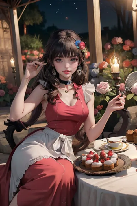 1 girl, a girl with bat wings, holding a pastry brush, succubus, bakery, a cake on focus, cake with strawberrys and red roses, b...