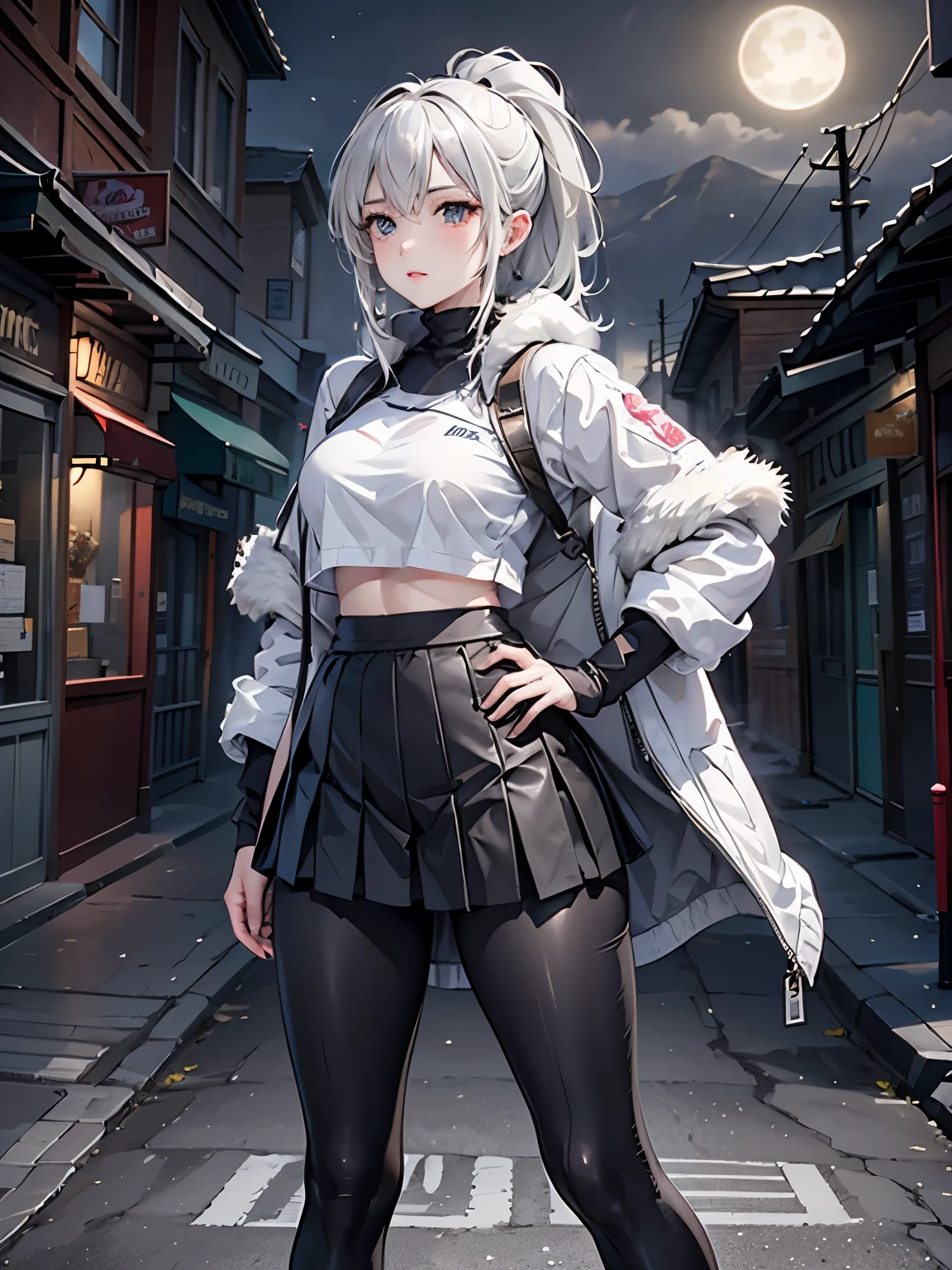 a woman, leggings, pleated skirt, sports top, high ponytail, high boots, long fur jacket, on a foggy moonlit night in a ghost town, monochrome style, lineart