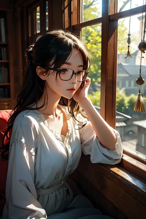 Highest quality、masterpiece、High sensitivity、High resolution、Detailed Description、One Woman、Slim Body、Glasses、Sit by the window、...