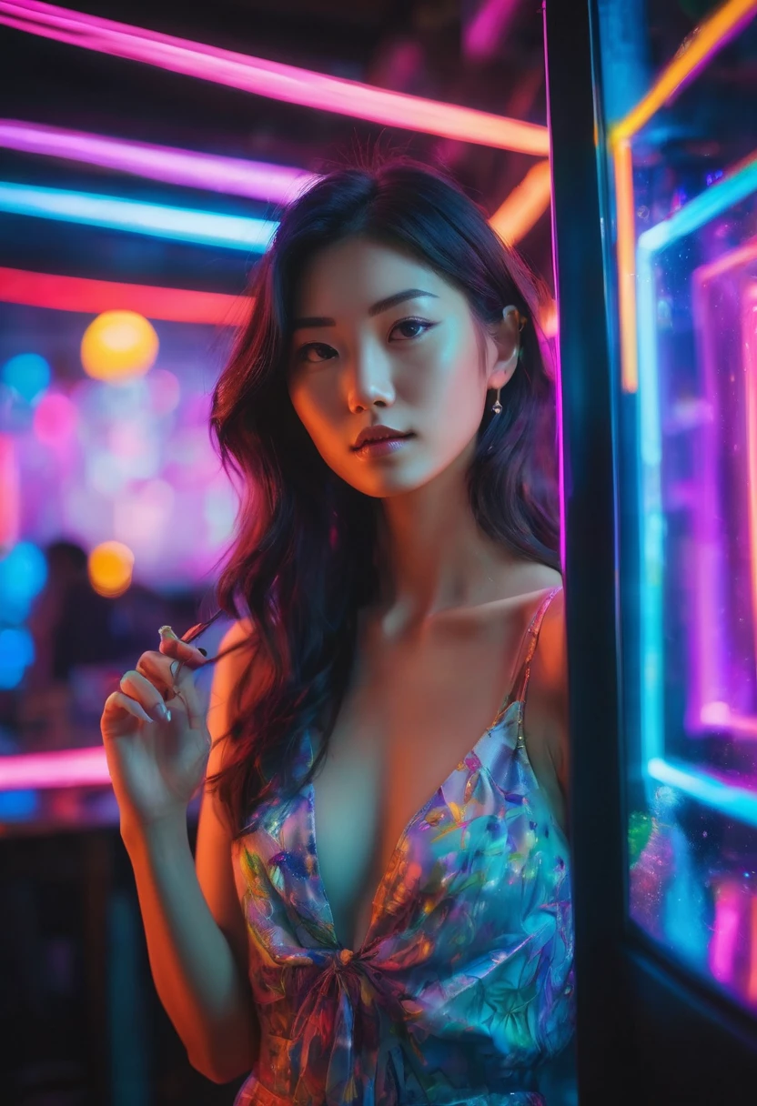 full-length shot a unique photography with light and glass from a pretty japanese women with dynamic pose and floating hair in glass studio with colorful neon lighting, A Glass covering her, Bulb light technic background, Ultra highly detailed, realistic skin, shot by sony a9 with 35m lens f1.2, Realistic Portrait by Arnau Mas