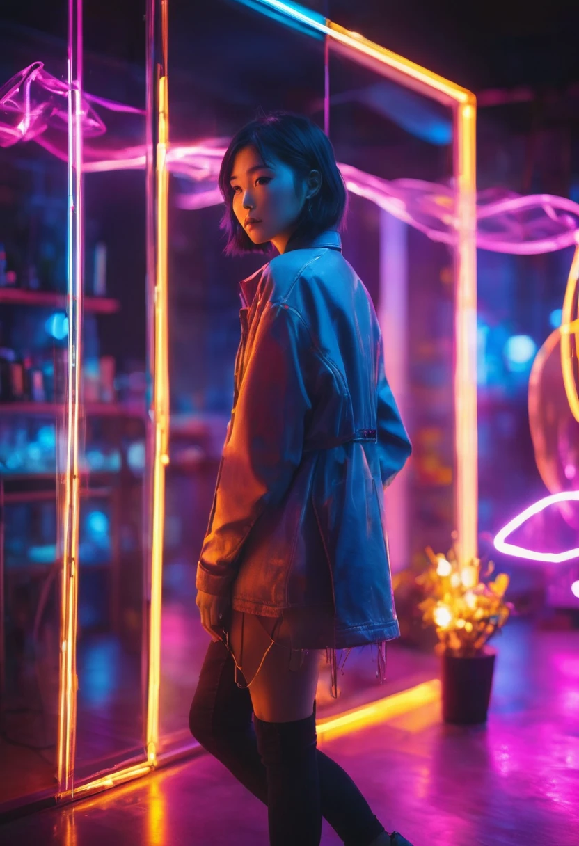 un plan large d'une photographie unique avec de la lumière et du verre d'une jolie femme japonaise avec une pose dynamique et des cheveux flottants dans un studio de verre avec un éclairage néon coloré, Un verre la couvrant, Contexte technique de la lumière de l&#39;ampoule, ultra très détaillé, Peau réaliste, photo prise par Sony A9 avec un objectif 35 m F1.2, Portrait réaliste par Arnau Mas