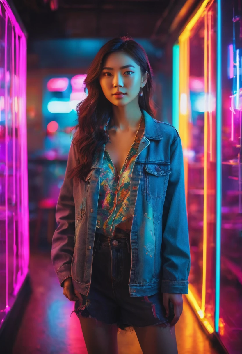 full-length shot a unique photography with light and glass from a pretty japanese women with dynamic pose and floating hair in glass studio with colorful neon lighting, A Glass covering her, Bulb light technic background, Ultra highly detailed, realistic skin, shot by sony a9 with 35m lens f1.2, Realistic Portrait by Arnau Mas