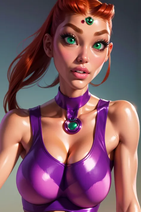 Starfire, teen titans starfire, orange hair, green eyes, beautiful, skinny waist, toned, sexy, seductive, big beautiful eyes, (v...