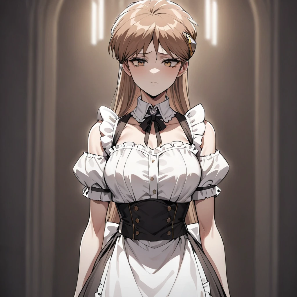 ((Highest quality)), ((masterpiece)), (detailed), （Perfect Face）、The woman is Princess Leona, with medium-long light brown hair, wearing a Victorian maid outfit and standing upright with good posture.、The woman has been completely brainwashed and has become expressionless and no highlights in her eyes.